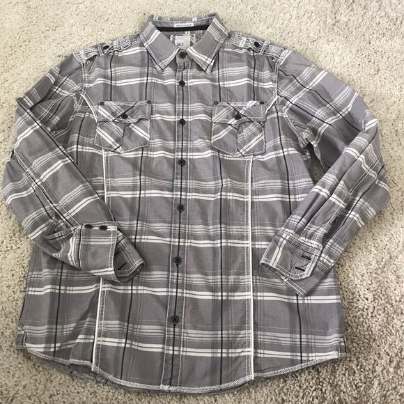 BKE Shirt Mens Long Sleeve Size XXL Slim Fit Stretch Gray Plaid Metal Button - Picture 1 of 7